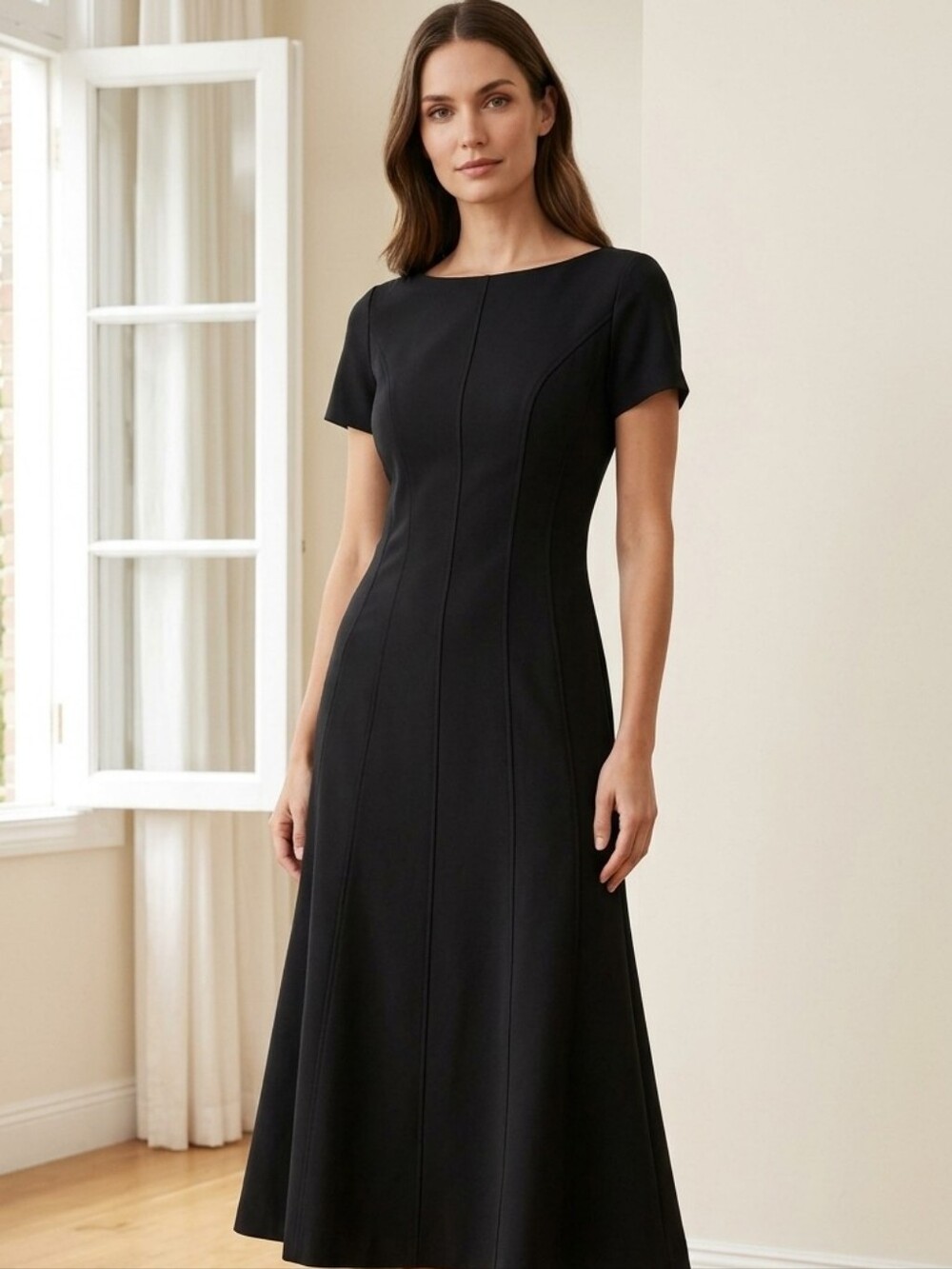 Anne Klein Black Paneled Flare Midi Dress Size 14 Boatneck LBD Career Cocktail